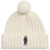 Ralph Lauren para mulher. 455931876001 Gorro canelado com Polo Bear e pompom branco creme (OSFA), Casual, Lã
