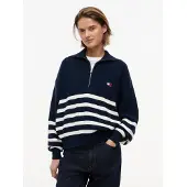 Tommy Hilfiger Pullover 'Tommy Badge Stripe Quarter-zip' marinho / branco