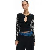 Desigual , Camiseta abertura lettering, Mulher, AlgodÃO, Preto, XL