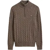 Gant para homem. 8050603 Suéter de tricô com trança e meio zíper marrom (S), Casual, Algodão, Clássico, Taupe