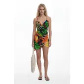 Desigual , Vestido curto tropical, Viscose, Preto, XL