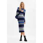 Desigual , Vestido midi canelado riscas, Azul, M