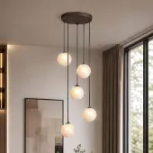 Searchlight Candeeiro suspenso Frosty, 5 lâmpadas, redondo, bronze, vidro fosco, G9