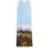 Desigual , Vestido plissado com paisagem, PoliÉSter, Azul, S