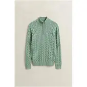 Gant para homem. 8050603 Camisola de malha com tranças e meio fecho verde claro (S), Casual, Algodão, Manga comprida