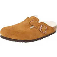 Birkenstock para mulher. 1001141 Tamancos de Couro Boston com Lã de ovelha (Ajuste Estreito) castanho (39), Marrom, Plano, Nenhum, Casual