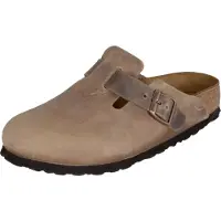 Birkenstock para mulher. 960813 Tamancos de Couro Boston Leo (Ajuste Estreito) castanho (42), Marrom, Plano, Nubuck, Nenhum, Casual