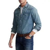 Ralph Lauren para homem. 710703936001 Camisa ocidental de ganga flamejada azul (XXL), Casual, Algodão, Clássico, Manga comprida
