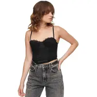 Superdry para mulher. W6011751A Parte superior do corpete em cetim com renda de malha preta (M), Preto, Casual, Poliamida, Sem mangas / corr