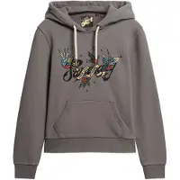Superdry para mulher. W2011958A Tattoo Script camisola gráfica com capuz cinzento (S), Casual, Esportivo, Cinza, Algodão