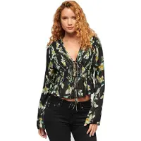 Superdry para mulher. W6011969A Blusa 70S floral preta (XS), Preto, Casual, Viscoso, Manga curta