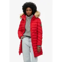 Superdry para mulher. W5011789A Casaco de comprimento médio com capuz e acabamento em pele sintética Vermelho Fuji (M), Casual, Polister Rec