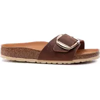 Birkenstock para mulher. 1006525 Sandálias de couro Madrid Big Buckle (Ajuste Estreito) castanho (38), Marrom, Plano, Nenhum, Casual
