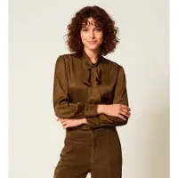Twinset para mulher. 252TT2361 Camisa de cetim jacquard verde (42), Casual, Viscoso, Manga comprida