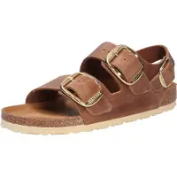 Birkenstock para mulher. 1024067 Sandálias de Couro Milano Big Buckle Couro oleado (Ajuste Estreito) castanho (36), Marrom, Plano, Fivela, C