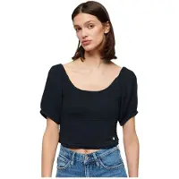 Superdry para mulher. W6011857A T-shirt de malha com folhos em azul-marinho (L), Casual, Viscoso, Manga curta