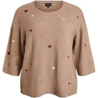 Zizzi Pullover 'Sunny Heart' castanho claro / vermelho / branco