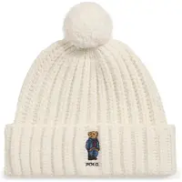 Ralph Lauren para mulher. 455931876001 Gorro canelado com Polo Bear e pompom branco creme (OSFA), Casual, Lã
