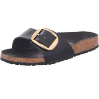 Birkenstock para mulher. 1022650 Sandálias de Couro Madrid Big Buckle (Ajuste Estreito) preto (37), Plano, Nenhum, Casual