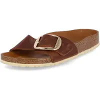 Birkenstock para mulher. 1006525 Sandálias de couro Madrid Big Buckle (Ajuste Estreito) castanho (37), Marrom, Plano, Nenhum, Casual