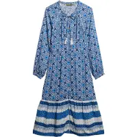 Superdry para mulher. W8011887A Vestido midi azul estampado (XS), Casual, Manga comprida, Algodão orgânico, Sustentável