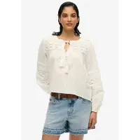 Superdry para mulher. W6012022A Blusa de renda branca Ibiza (L), Branco, Casual, Algodão, Manga comprida