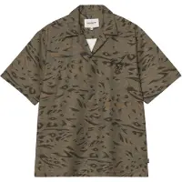 Carhartt WIP - Camisas - S/S Travon Shirt Duck Feather Print Cypress Black para Homem - Tamanho M - Caqui