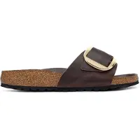 Birkenstock para mulher. 1032914 Sandálias de Couro Madrid Big Buckle (Ajuste Estreito) castanho (38), Marrom, Plano, Nenhum, Casual