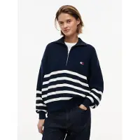 Tommy Hilfiger Pullover 'Tommy Badge Stripe Quarter-zip' marinho / branco