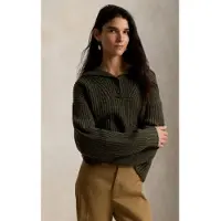 Ralph Lauren para mulher. 211B17758001 Suéter de lã e algodão com peitilho verde-oliva (XS), Casual, Manga comprida