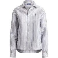 Ralph Lauren para mulher. 211935130502 Camisa curta e larga de linho com quadrados branco, azul (S), Casual, Manga curta