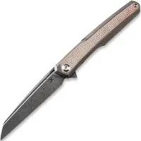Kansept Knives Navalha Arcus Framelock Damascus, Bronze Ti/Brown Micarta