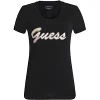GUESS para mulher. W6YI56K5028 Camiseta Logo Lantejoulas Degradê Preto (XS), Casual, Algodão, Manga curta