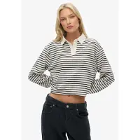 Superdry para mulher. W6012175A Pólo bege com riscas Rugby (L), Casual, Algodão, Manga comprida