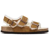 Birkenstock para mulher. 1025515 Sandálias Milano Shearling Camurça (Ajuste Estreito) castanho (39), Marrom, Plano, Fivela, Casual