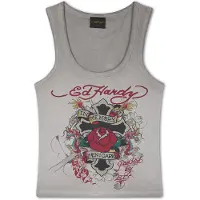 Ed Hardy Top 'In Memory Of When I Cared' cinzento / verde / vermelho escuro / preto