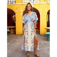 CUPSHE Vestido de verão ecru / navy / azul claro / laranja