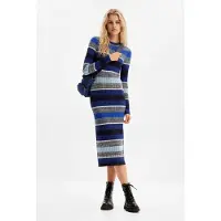 Desigual , Vestido midi canelado riscas, Azul, XS