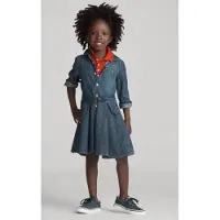 Ralph Lauren para menina. 312698860001 Vestido-camisa de algodão em ganga com cinto (6años= 117/123cm), Azul, Casual, Denim, moda infan