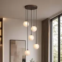 Searchlight Candeeiro suspenso Frosty, 5 lâmpadas, redondo, bronze, vidro fosco, G9