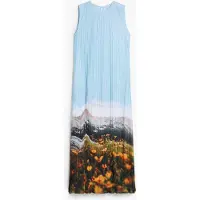 Desigual , Vestido plissado com paisagem, PoliÉSter, Azul, XS