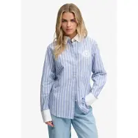 Superdry para mulher. W4010592A Camisa Poplin Cuff Stripe azul (S), Casual, Algodão, Clássico, Manga comprida