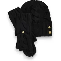 Ralph Lauren para mulher. 454P23538002 Conjunto de gorro e mitenes em ponto de tranças preto (OSFA), Casual, Lã