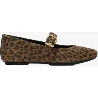 FitFlop para mulher. ADQ-E76 Bailarinas de Pele Delicato Mary Jane castanho (36), Bege, Plano, Serraje, Fivela, Casual, Animal print