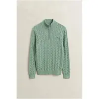Gant para homem. 8050603 Camisola de malha com tranças e meio fecho verde claro (S), Casual, Algodão, Manga comprida
