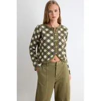 Trendyol Casaco de malha cinzento escuro / oliveira / branco lã